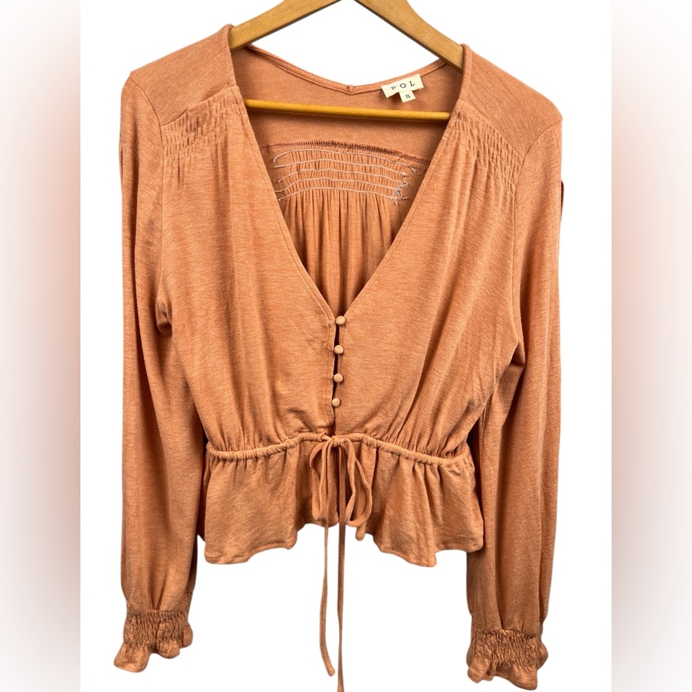 POL Boho Peachy Orange Smocked Peplum Pullover Tie waist Slit Sleeves Size Small